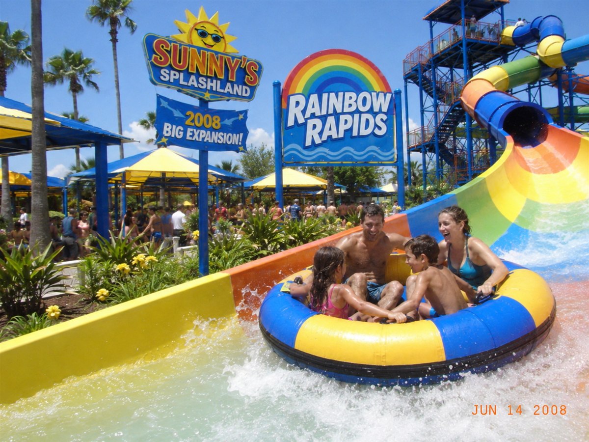 2008 photo of families riding Rainbow Rapids during the park's big expansion